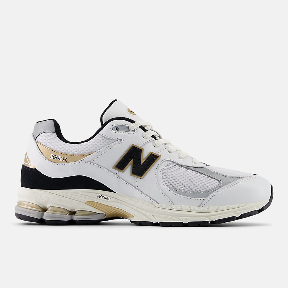 New Balance 2002R Shoes White with Black and Gold Metallic